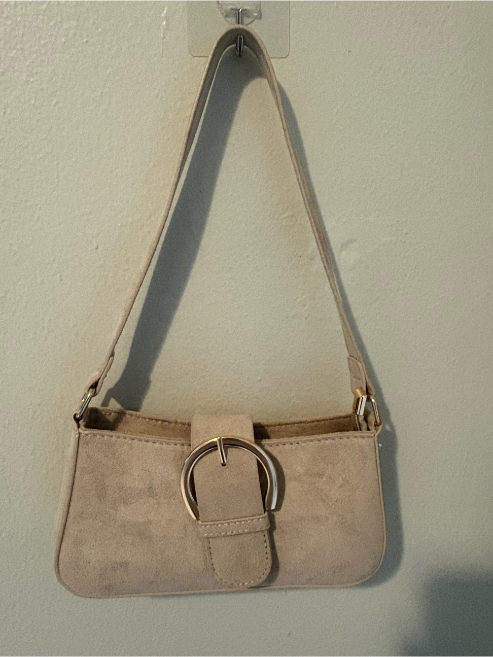 Beige Suede Shoulder Bag with Decorative Buckle